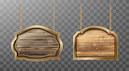 Wooden boards metal frame hang on ropes set. Realistic signboards with wood texture, banner label for bar saloon in rustic style. Blank vintage plank panels for menu, pub entrance vector illustration