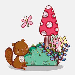 cute animals, little squirrel flowers butterfly foliage cartoon