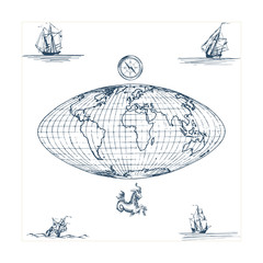 Graphic illustration of Earth globe map with compass and Sea goat. Drawn sketches of sailing vessels in vector.