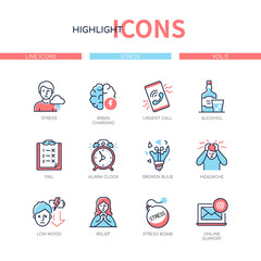 Stress and psychological problems - line design style icons set