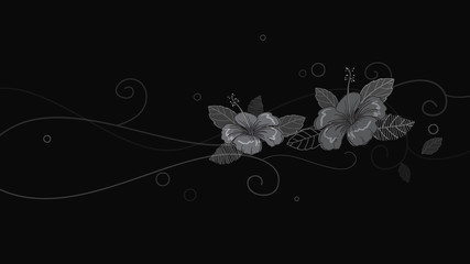Hand drawn tropical jungle exotic hibiscus flower on black background. summer floral wallpaper. vector illustration