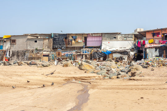 A Slum On The Beach Of Mumbai / Bombay In India