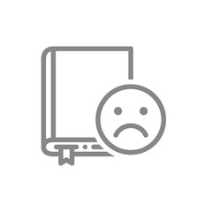 Book with sad face line icon. Bad literature review, negative feedback symbol