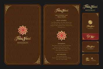 thai food and fusion food restaurant menu, gift voucher and name card design template decoration for printing vector illustration