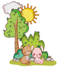 cute animals, bear and rabbit tree sun cartoon