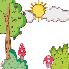 tree bushes sun clouds nature cartoon