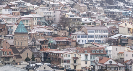 Tbilisi. Georgia country. March 2020. The old city. Salalaki District. Suddenly in mid-March it started to snow