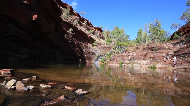 Beautiful colourful of scenic footage surrounding with green trees rocks formation mountain water fall of Fortescue falls karijini national park in the afternoon light, Perth, Western of Australia