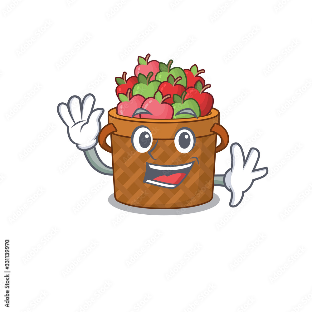 Sticker Smiley apple basket cartoon mascot design with waving hand