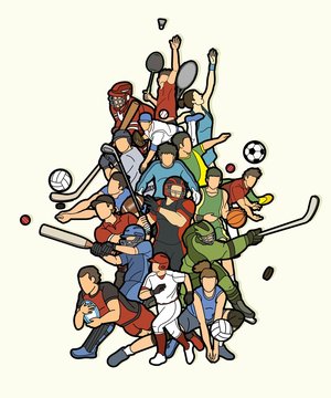 Sports Mix Sport players action  cartoon graphic vector