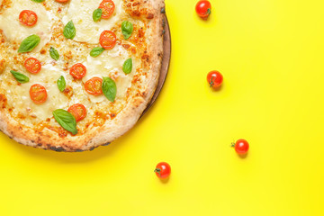 Delicious pizza Margherita on color background