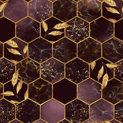 Marmeren zeshoek naadloze textuur met gouden bladeren. Abstracte achtergrond