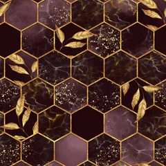 Foto op Plexiglas Marmeren hexagons Marmeren zeshoek naadloze textuur met gouden bladeren. Abstracte achtergrond