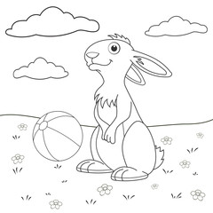 Coloring page outline of cartoon rabbit on lawn with ball. Page for coloring book of funny bunny for kids. Activity colorless picture of cute animals. Anti-stress page for child. Vector illustration.