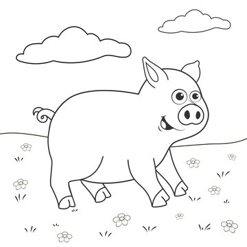 Coloring page outline of cartoon pig on lawn. Page for coloring book of funny piglet for kids. Activity colorless picture about cute animals. Anti-stress page for child. Black and white vector EPS10.
