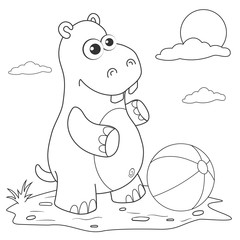 Coloring page outline of cartoon hippo on lawn with ball. Page for coloring book of funny hippo for kids. Activity colorless picture of cute animals. Anti-stress page for child. Vector illustration.