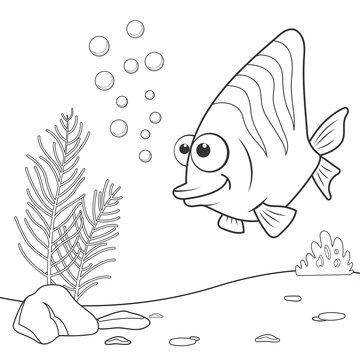 Coloring page outline of cartoon Coral Fish. Page for coloring book of funny fish for kids. Activity colorless picture of cute animals. Anti-stress page for child. Black and white vector illustration.