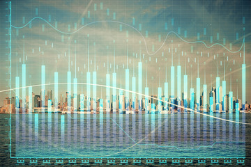 Forex graph on city view with skyscrapers background double exposure. Financial analysis concept.