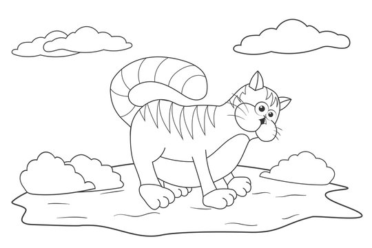 Coloring page outline of cartoon cat. Page for coloring book of funny kitten for kids. Activity colorless picture about cute animals. Anti-stress page for child. Black and white vector illustration.