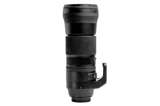  super telephoto lens with a lens hood for the camera on a white background.