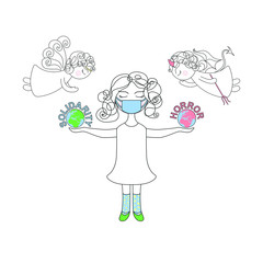 Girl makes a choice between angel and demon. Girl in a medical mask during an epidemic. The choice between horror and solidarity, vector illustration
