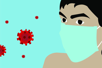 A person wears a mask to avoid and prevent transmission of the virus. Covid-19 illustrative vector. Flu.