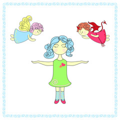 Girl makes a choice between angel and demon, vector illustration