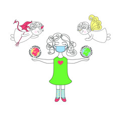 Girl makes a choice between angel and demon. Girl in a medical mask during an epidemic. The choice between horror and solidarity, vector illustration
