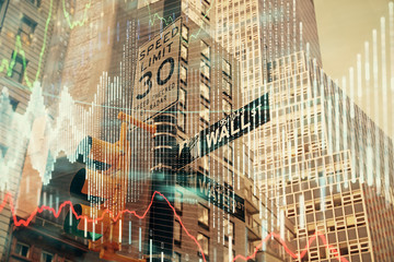 Fototapety  Forex chart on cityscape with tall buildings background multi exposure. Financial research concept.