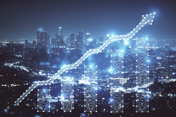 Financial graph on night city scape with tall buildings background multi exposure. Analysis concept.