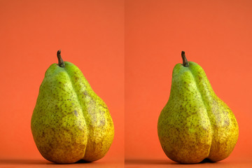 two fresh green pears in the shape of a female figure on an orange background, slimming before and after humor concept