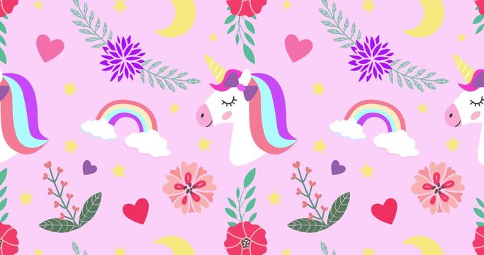 Cute unicorn, princess concept, girl beauty seamless pattern isolated on pink background. Vector cartoon design. Magic unicorn, heart, rainbow, stars, flowers, Pop style. 4K animation