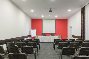 Interior of a conference room in hotel ready for a meeting