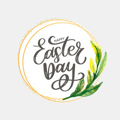 Colorful Happy Easter greeting card with flowers eggs and rabbit elements composition. EPS10 vector file organized in layers for easy editing.