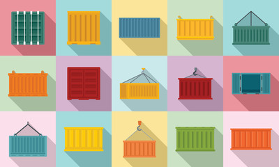 Cargo container icons set. Flat set of cargo container vector icons for web design