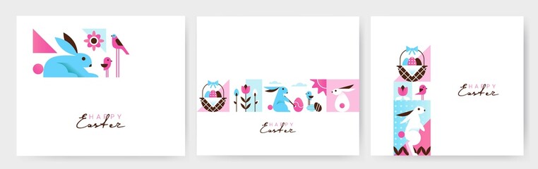 Easter posters or banners design templates with eggs, flowers, bunnies in Cartoon Geometric Style. Vector Illustration