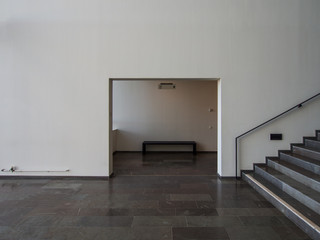 graphic interior with bench and stairs