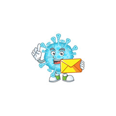 Cute face fever coronavirus mascot design holding an envelope