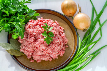 Minced meat on a plate with parsley, laurel fox, green and onions
