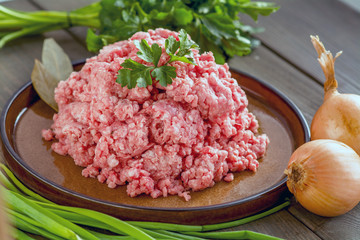 Minced meat on a plate with parsley, laurel fox, green and onions