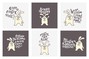 Set of Easter patterns and greeting cards with rabbit and text