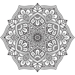 Mandala, tracery round boho doodle. Ethnic ornament, sketched symmetry. Folk, meditation design. Curved shape, isolated on white. Black and white art. Vector