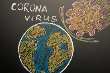 Obraz na płótnie Canvas Drawn planet earth and a falling comet in the form of a virus. Concept of epidemic virus crown, pandemic. Mass infection, danger. Lettering-CORONAVIRUS.