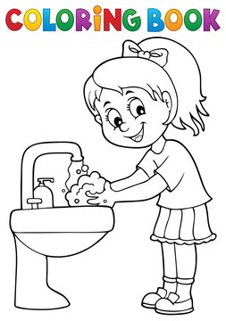 Coloring book girl washing hands theme 1