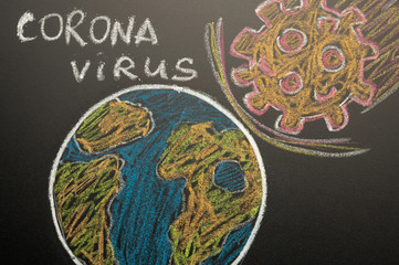 Drawn planet earth and a falling comet in the form of a virus. Concept of epidemic virus crown, pandemic. Mass infection, danger. Lettering-CORONAVIRUS.