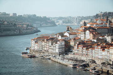 Obraz premium Panoramic view of Old Porto Oporto city and Ribeira over Douro river from Vila Nova de Gaia, Portugal