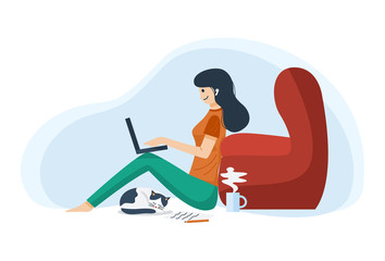 Work from home concept, a woman using labtop living room, Vector