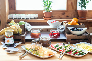 Breakfast buffet table filed with assorted foods - 331150930