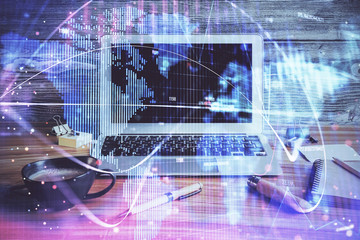 Double exposure of business theme icons and work space with computer background. Concept of success.