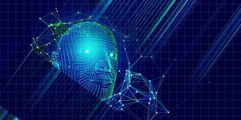 Obraz premium Technology background of 3d grid head with blurred lines. AI. Artificial intelligence concept for business and scientific.